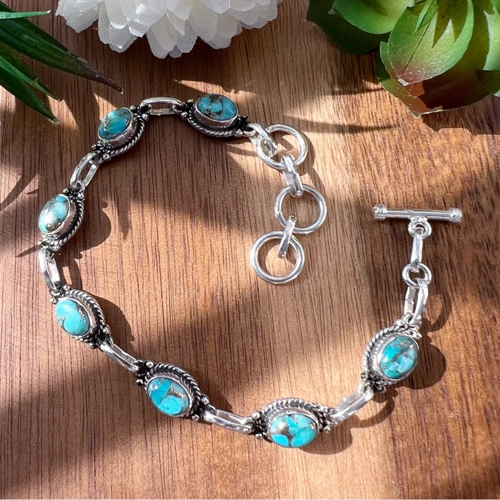 Southwest Genuine Blue Copper Turquoise Bracelet Solid Sterling Silver 925 - Picture 3 of 6